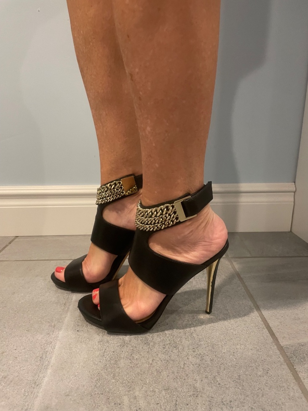 MARCIANO Black with Gold Chain High Heel Sandals - Picture 3 of 7